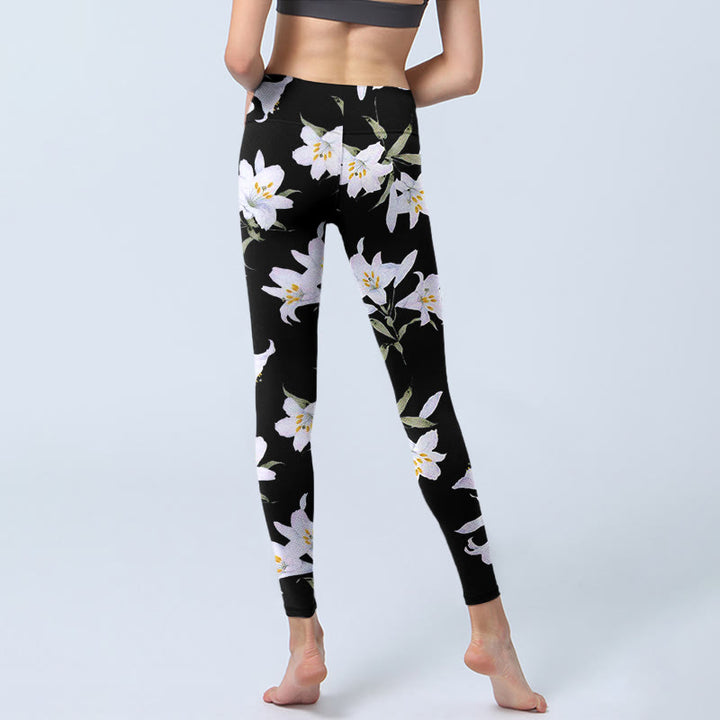 Leggings da palestra con stampa a motivo di foglie di Buddha Stones nero, pantaloni da yoga da donna