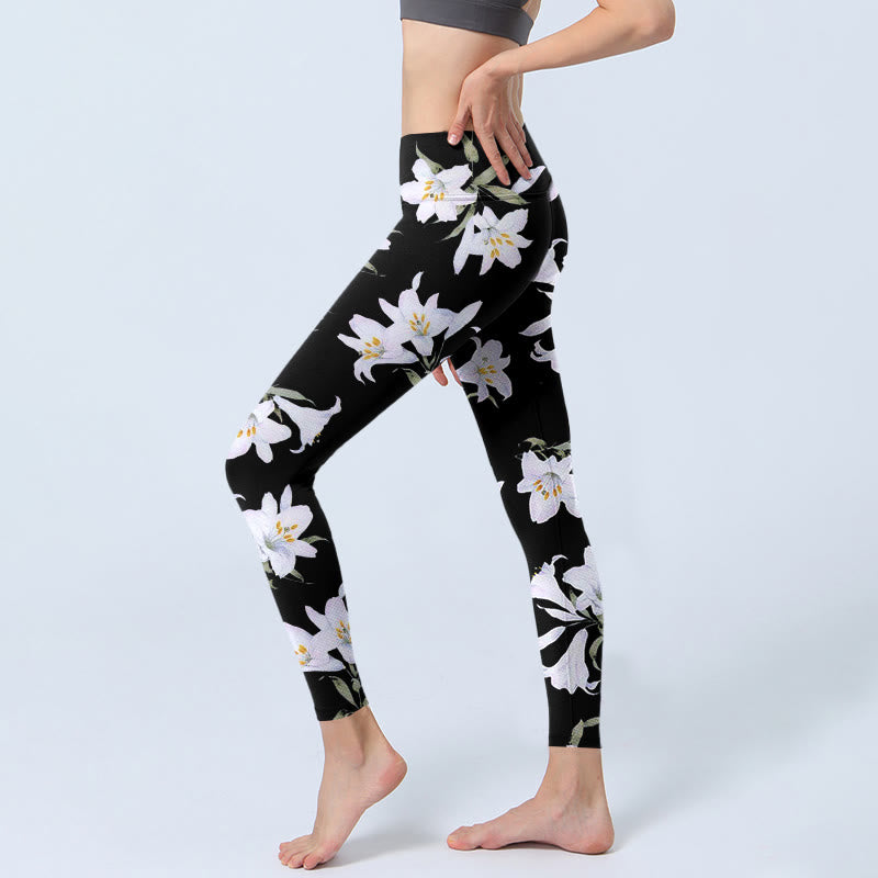 Leggings da palestra con stampa a motivo di foglie di Buddha Stones nero, pantaloni da yoga da donna