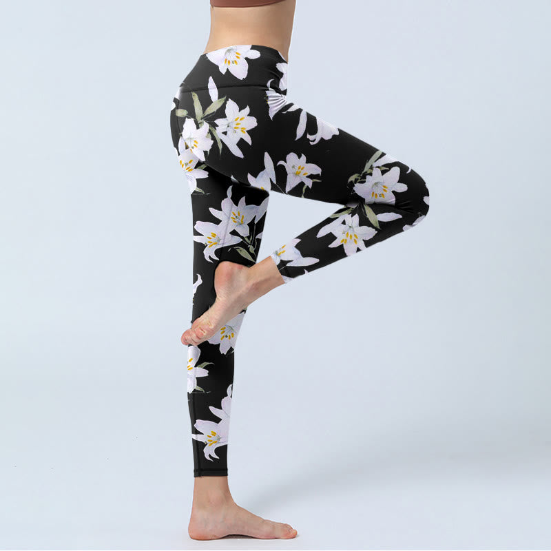 Leggings da palestra con stampa a motivo di foglie di Buddha Stones nero, pantaloni da yoga da donna