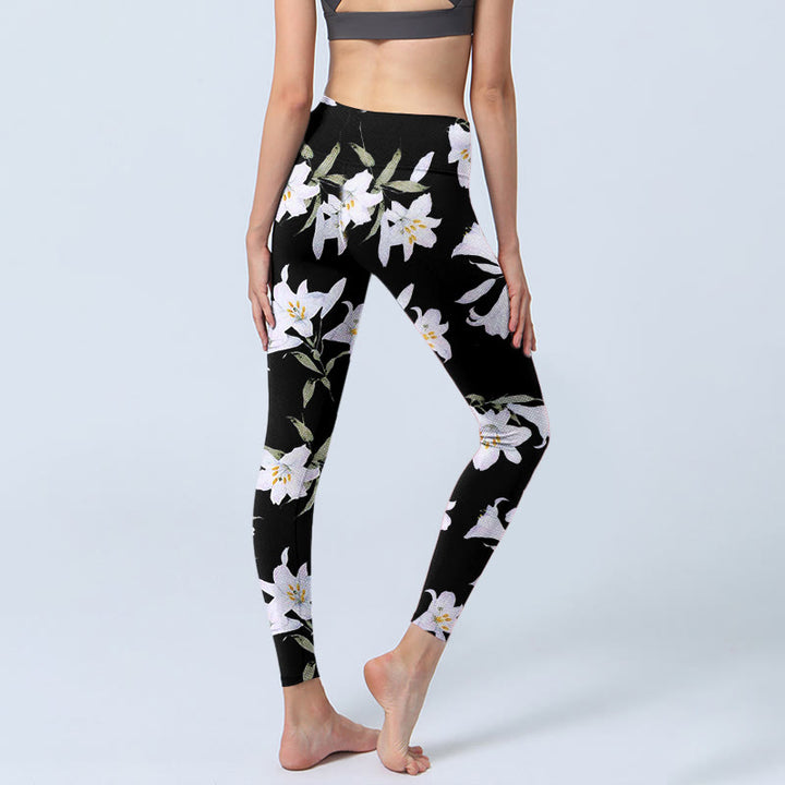 Leggings da palestra con stampa a motivo di foglie di Buddha Stones nero, pantaloni da yoga da donna
