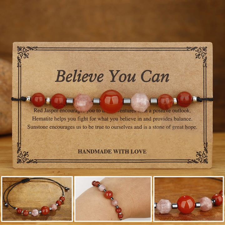 Buddha Stones Believe You Can Braccialetto positivo in pietra del sole con ematite e diaspro rosso corniola