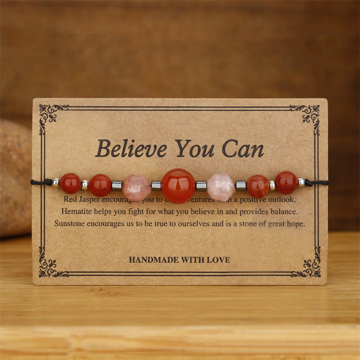 Buddha Stones Believe You Can Braccialetto positivo in pietra del sole con ematite e diaspro rosso corniola