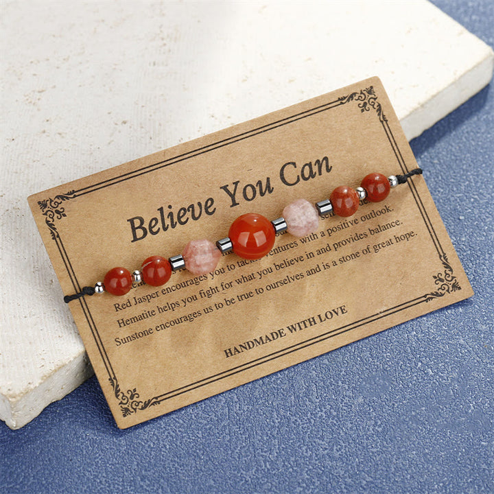 Buddha Stones Believe You Can Braccialetto positivo in pietra del sole con ematite e diaspro rosso corniola