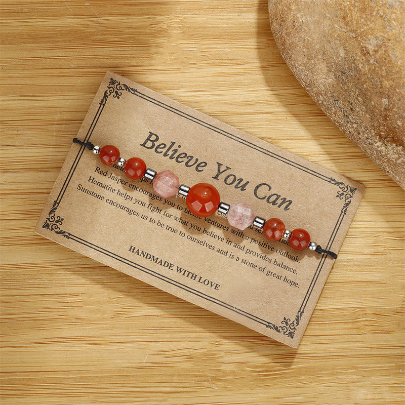 Buddha Stones Believe You Can Braccialetto positivo in pietra del sole con ematite e diaspro rosso corniola