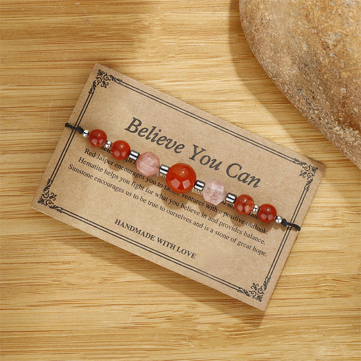 Buddha Stones Believe You Can Braccialetto positivo in pietra del sole con ematite e diaspro rosso corniola