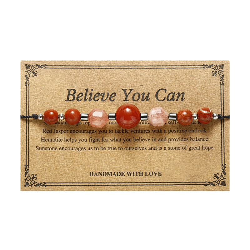 Buddha Stones Believe You Can Braccialetto positivo in pietra del sole con ematite e diaspro rosso corniola