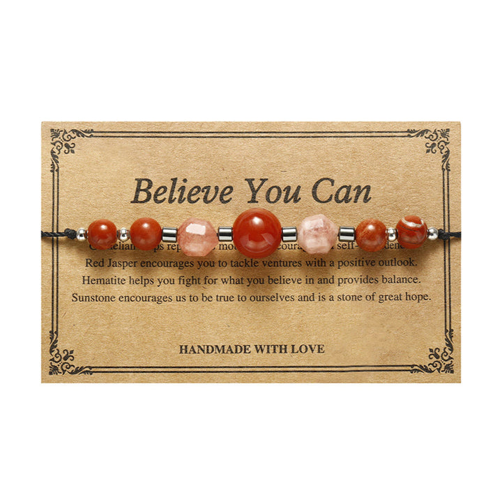 Buddha Stones Believe You Can Braccialetto positivo in pietra del sole con ematite e diaspro rosso corniola