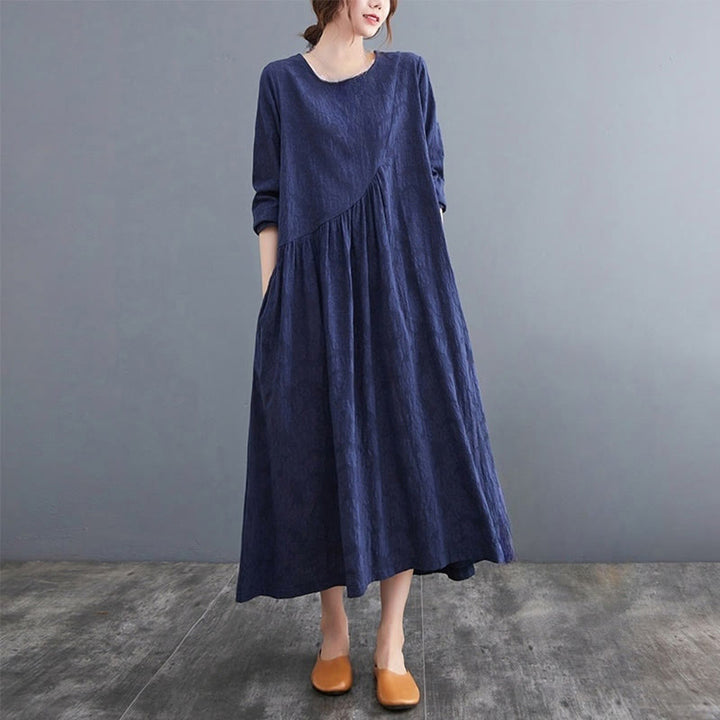 Abito midi da donna in cotone e lino con maniche lunghe e motivo jacquard con tasche e motivo Buddha Stones