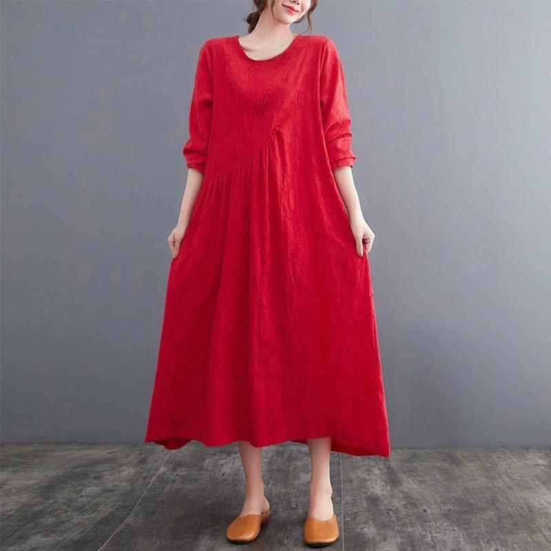 Abito midi da donna in cotone e lino con maniche lunghe e motivo jacquard con tasche e motivo Buddha Stones
