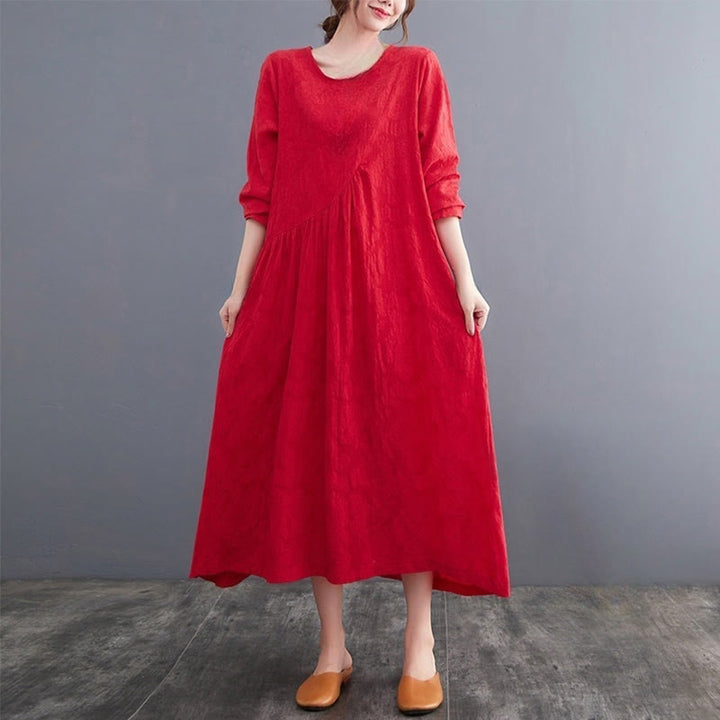 Abito midi da donna in cotone e lino con maniche lunghe e motivo jacquard con tasche e motivo Buddha Stones