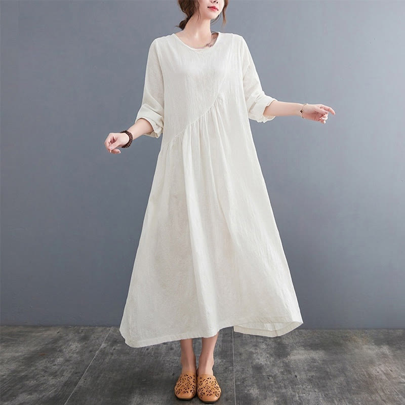 Abito midi da donna in cotone e lino con maniche lunghe e motivo jacquard con tasche e motivo Buddha Stones - Bianco - US8-10, UK/AU12-14, EU40-42 (2XL) - image 0