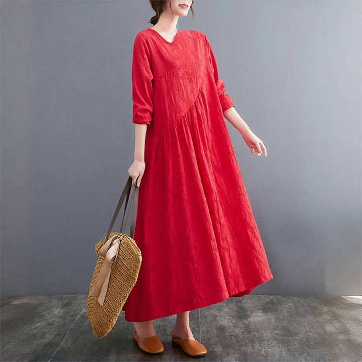 Abito midi da donna in cotone e lino con maniche lunghe e motivo jacquard con tasche e motivo Buddha Stones