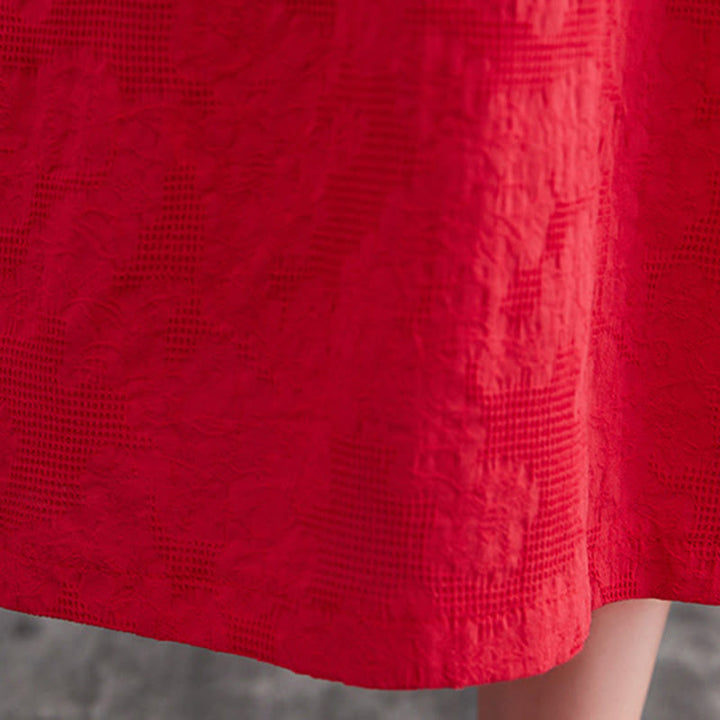 Abito midi da donna in cotone e lino con maniche lunghe e motivo jacquard con tasche e motivo Buddha Stones