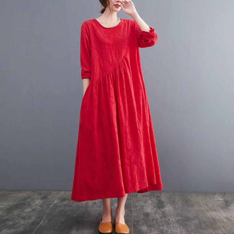 Abito midi da donna in cotone e lino con maniche lunghe e motivo jacquard con tasche e motivo Buddha Stones - image 11