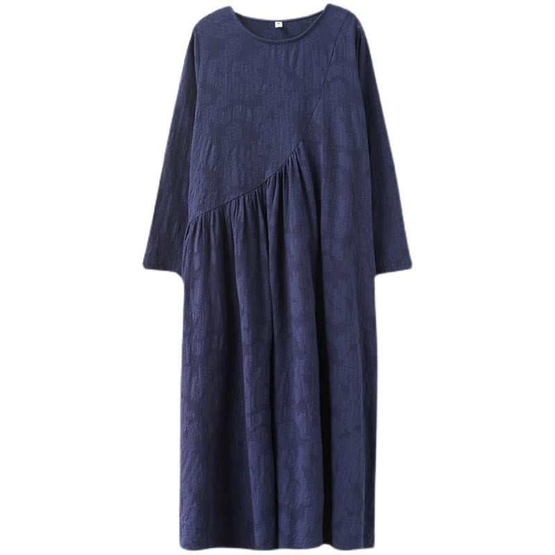 Abito midi da donna in cotone e lino con maniche lunghe e motivo jacquard con tasche e motivo Buddha Stones