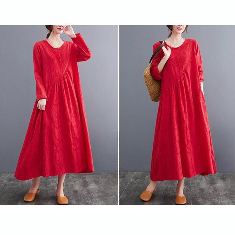 Abito midi da donna in cotone e lino con maniche lunghe e motivo jacquard con tasche e motivo Buddha Stones
