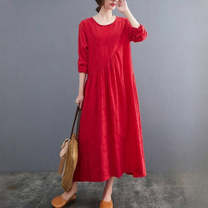 Abito midi da donna in cotone e lino con maniche lunghe e motivo jacquard con tasche e motivo Buddha Stones