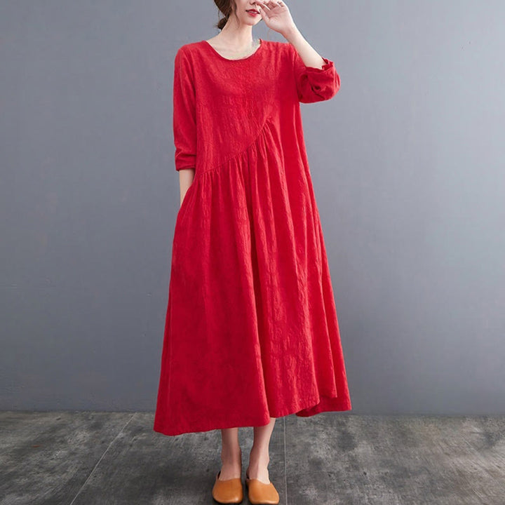 Abito midi da donna in cotone e lino con maniche lunghe e motivo jacquard con tasche e motivo Buddha Stones - image 11