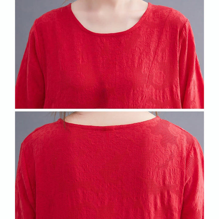 Abito midi da donna in cotone e lino con maniche lunghe e motivo jacquard con tasche e motivo Buddha Stones