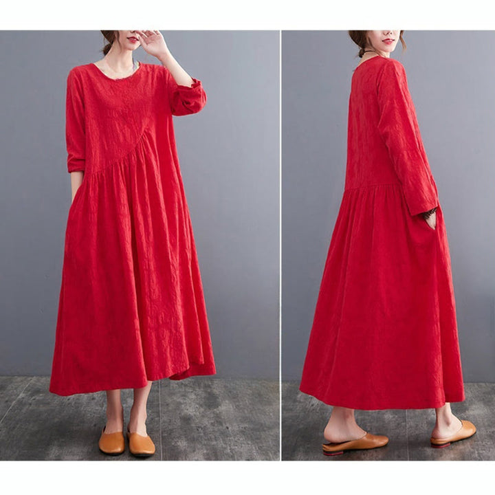 Abito midi da donna in cotone e lino con maniche lunghe e motivo jacquard con tasche e motivo Buddha Stones
