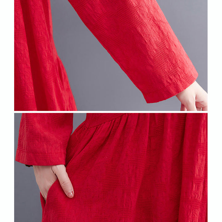 Abito midi da donna in cotone e lino con maniche lunghe e motivo jacquard con tasche e motivo Buddha Stones