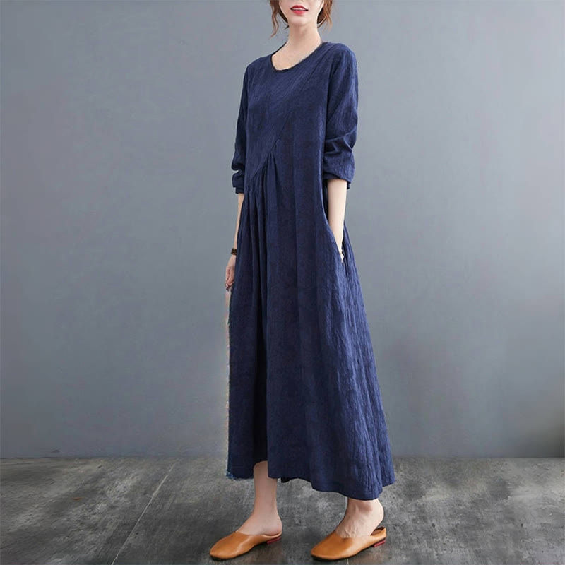 Abito midi da donna in cotone e lino con maniche lunghe e motivo jacquard con tasche e motivo Buddha Stones