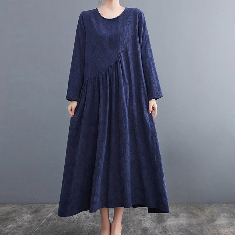 Abito midi da donna in cotone e lino con maniche lunghe e motivo jacquard con tasche e motivo Buddha Stones