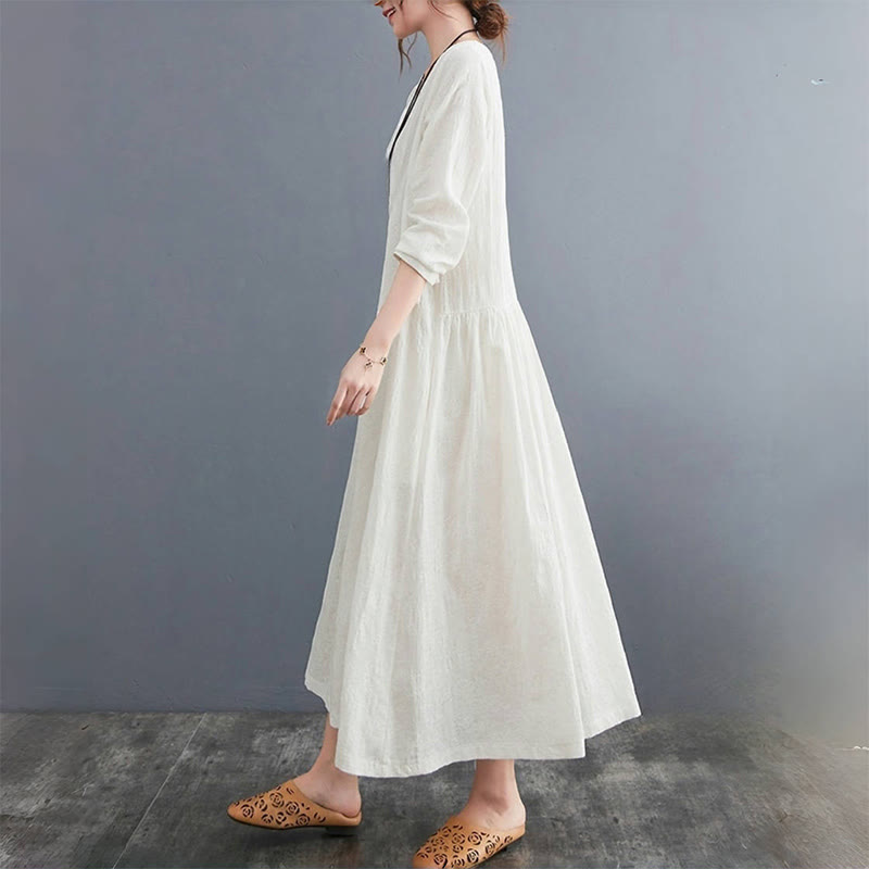 Abito midi da donna in cotone e lino con maniche lunghe e motivo jacquard con tasche e motivo Buddha Stones