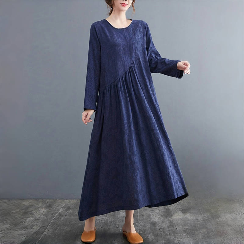 Abito midi da donna in cotone e lino con maniche lunghe e motivo jacquard con tasche e motivo Buddha Stones