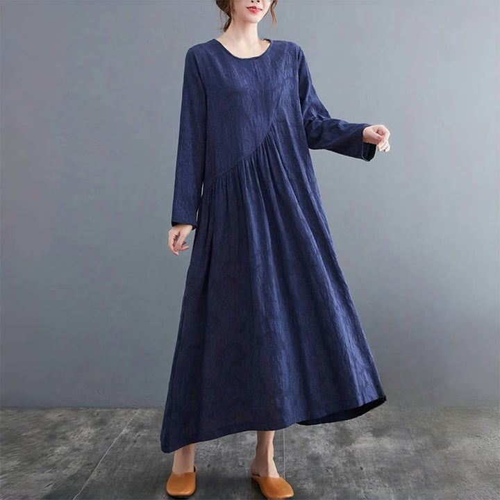 Abito midi da donna in cotone e lino con maniche lunghe e motivo jacquard con tasche e motivo Buddha Stones