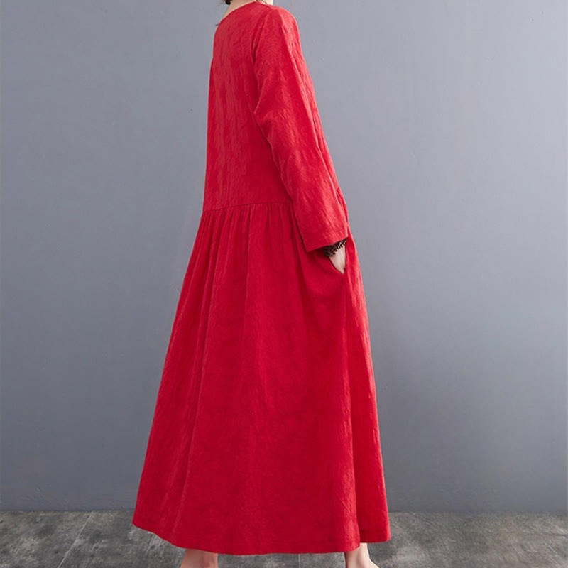 Abito midi da donna in cotone e lino con maniche lunghe e motivo jacquard con tasche e motivo Buddha Stones - image 14