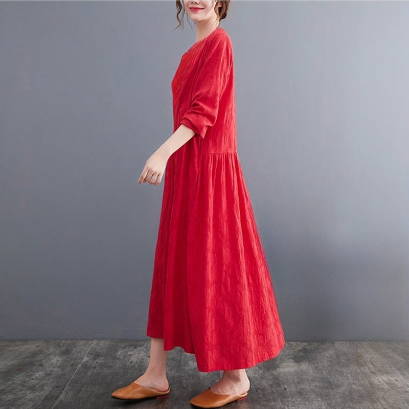 Abito midi da donna in cotone e lino con maniche lunghe e motivo jacquard con tasche e motivo Buddha Stones - image 10