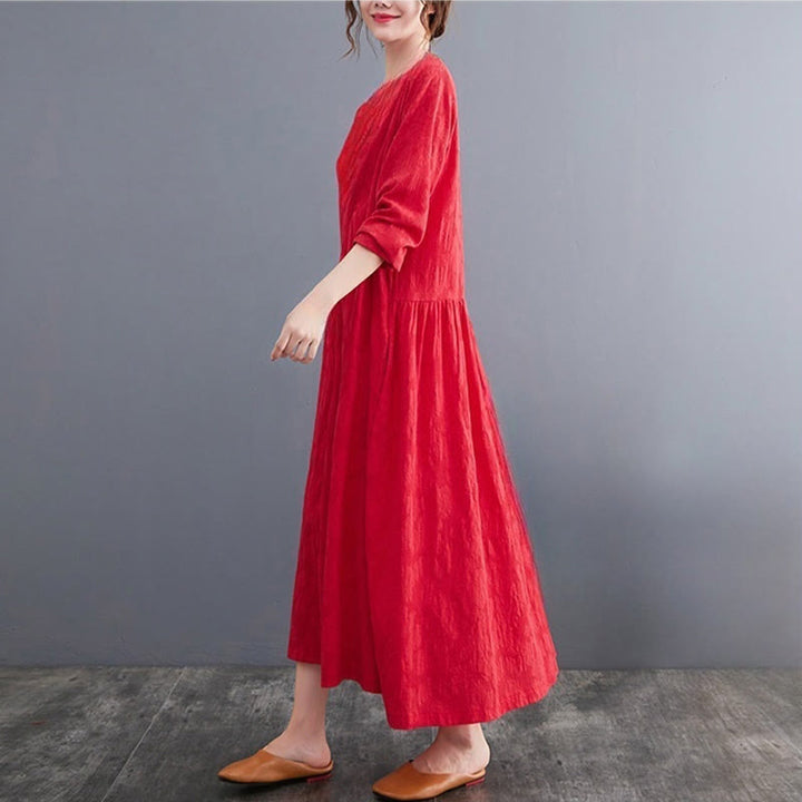 Abito midi da donna in cotone e lino con maniche lunghe e motivo jacquard con tasche e motivo Buddha Stones - image 10