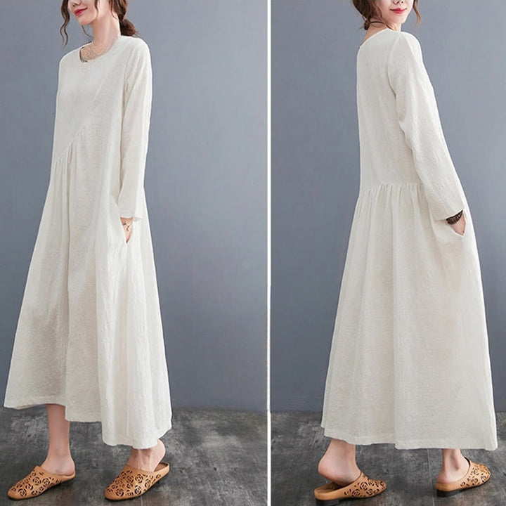 Abito midi da donna in cotone e lino con maniche lunghe e motivo jacquard con tasche e motivo Buddha Stones - image 5