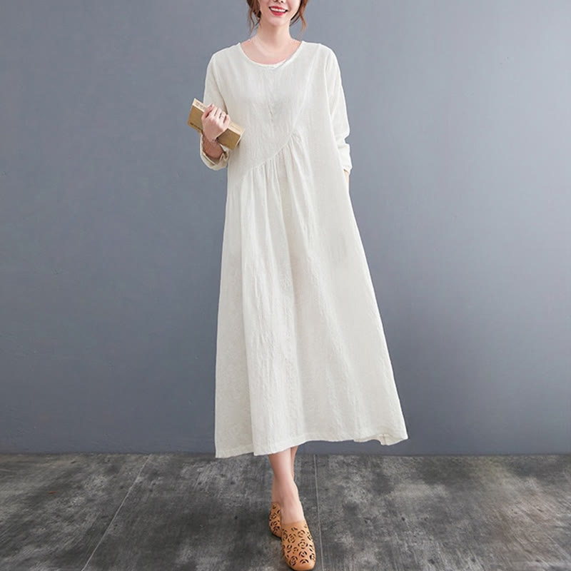 Abito midi da donna in cotone e lino con maniche lunghe e motivo jacquard con tasche e motivo Buddha Stones