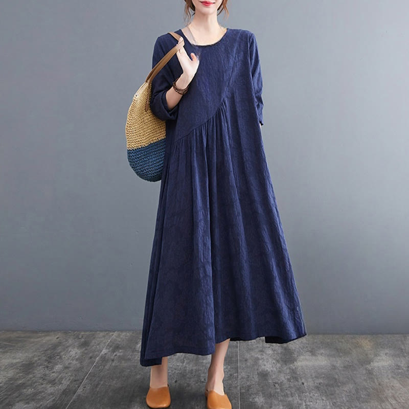 Abito midi da donna in cotone e lino con maniche lunghe e motivo jacquard con tasche e motivo Buddha Stones