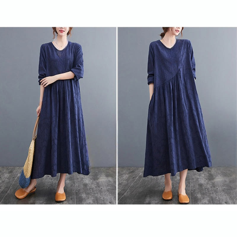 Abito midi da donna in cotone e lino con maniche lunghe e motivo jacquard con tasche e motivo Buddha Stones