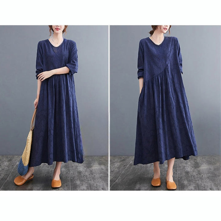 Abito midi da donna in cotone e lino con maniche lunghe e motivo jacquard con tasche e motivo Buddha Stones