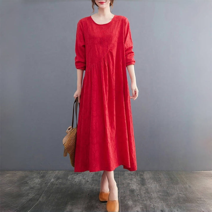 Abito midi da donna in cotone e lino con maniche lunghe e motivo jacquard con tasche e motivo Buddha Stones