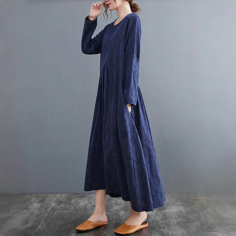 Abito midi da donna in cotone e lino con maniche lunghe e motivo jacquard con tasche e motivo Buddha Stones