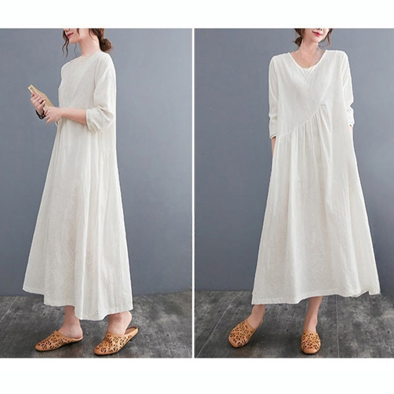 Abito midi da donna in cotone e lino con maniche lunghe e motivo jacquard con tasche e motivo Buddha Stones - image 6