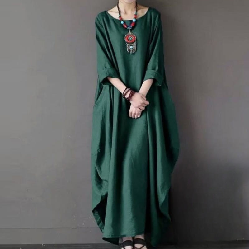 Abito lungo da donna in cotone con maniche a tre quarti e tinta unita Buddha Stones - Verde scuro - US16, UK/AU20, EU48 (5XL) - image 8