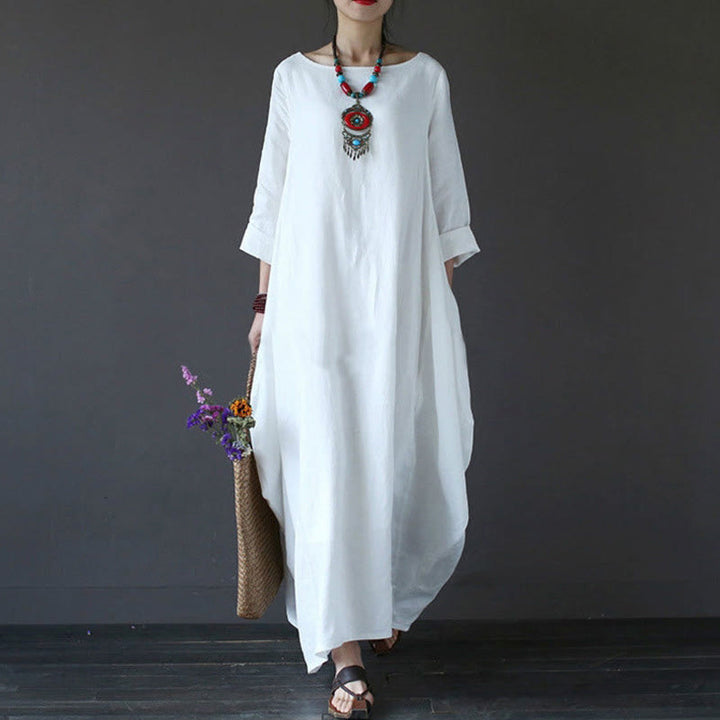 Abito lungo da donna in cotone con maniche a tre quarti e tinta unita Buddha Stones - Bianco - US16, UK/AU20, EU48 (5XL) - image 0