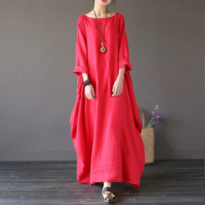 Abito lungo da donna in cotone con maniche a tre quarti e tinta unita Buddha Stones - Rosso - US16, UK/AU20, EU48 (5XL) - image 5