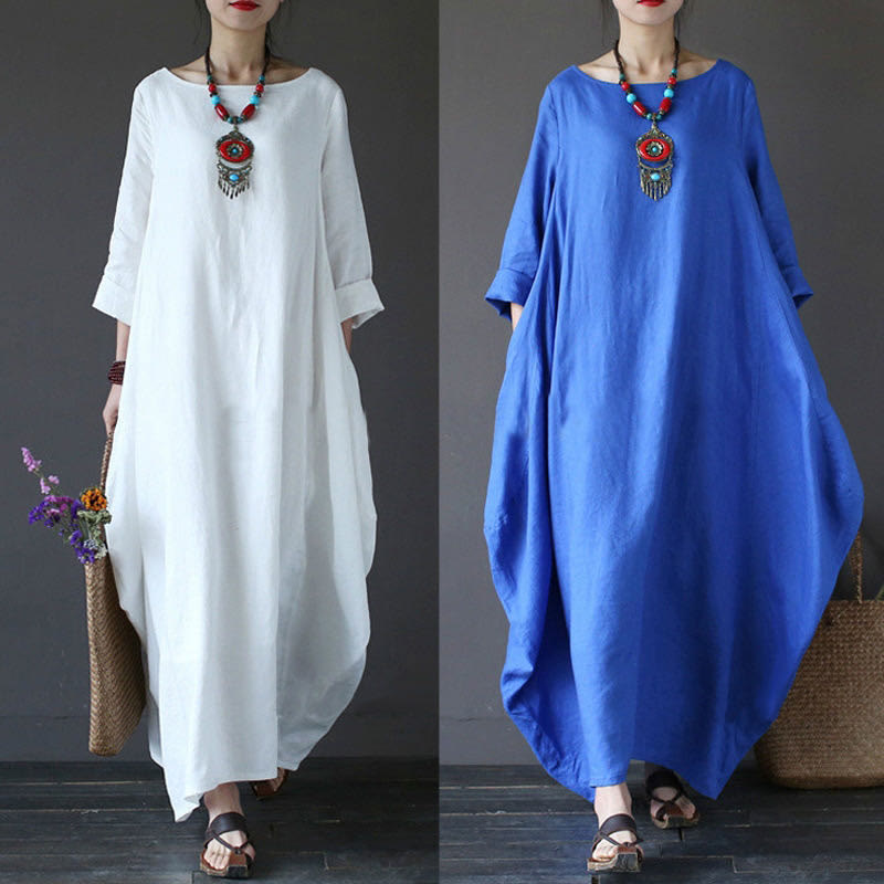 Abito lungo da donna in cotone con maniche a tre quarti e tinta unita Buddha Stones - image 10