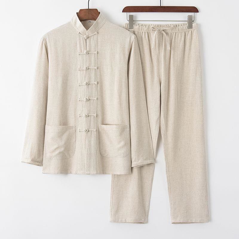 Set da uomo con camicia e pantaloni a maniche lunghe con bottoni a rana, completo da 2 pezzi Buddha Stones - Beige - US/UK/AU42, EU52 (4XL) - image 0