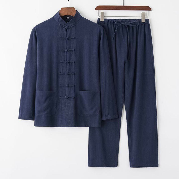 Buddha Stones 2 pezzi Tang Suit Frog-Bottone Camicia a maniche lunghe Pantaloni Lino Cotone Uomo Set
