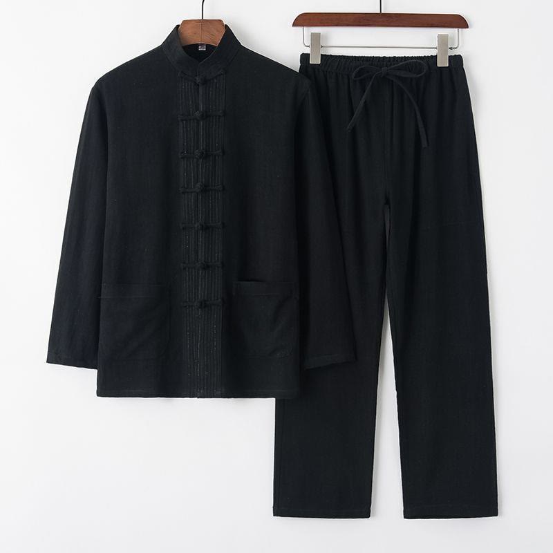 Buddha Stones 2 pezzi Tang Suit Frog-Bottone Camicia a maniche lunghe Pantaloni Lino Cotone Uomo Set