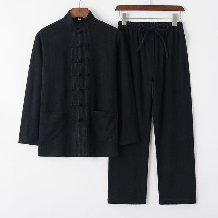 Buddha Stones 2 pezzi Tang Suit Frog-Bottone Camicia a maniche lunghe Pantaloni Lino Cotone Uomo Set