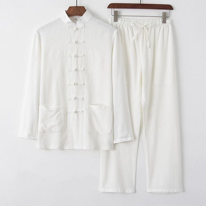 Buddha Stones 2 pezzi Tang Suit Frog-Bottone Camicia a maniche lunghe Pantaloni Lino Cotone Uomo Set